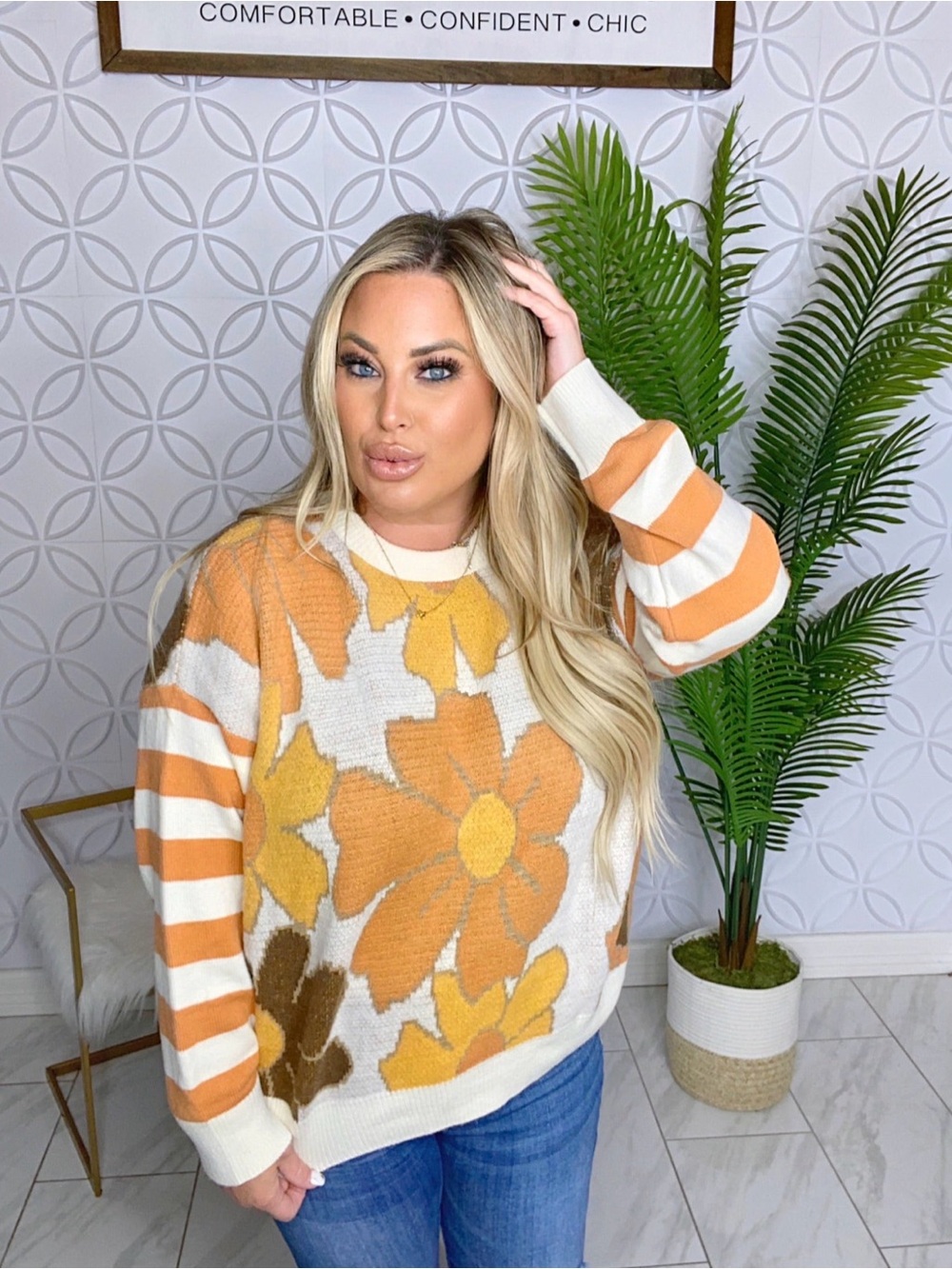BiBi Orange and Cream Floral Knit Pullover